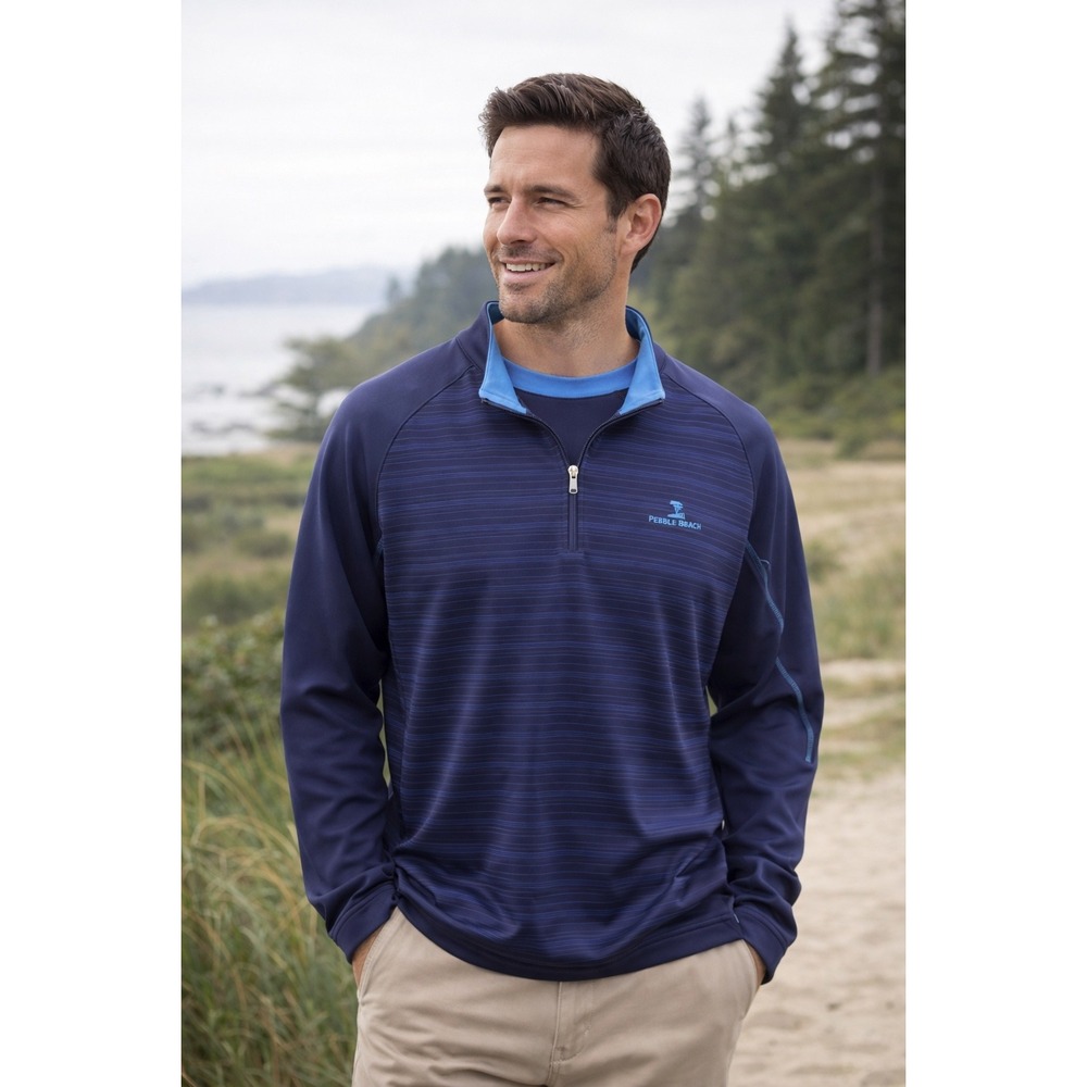 Pebble Beach Performance Mens Large‎ Navy Blue Striped 1/4 Zip Golf Pullover L